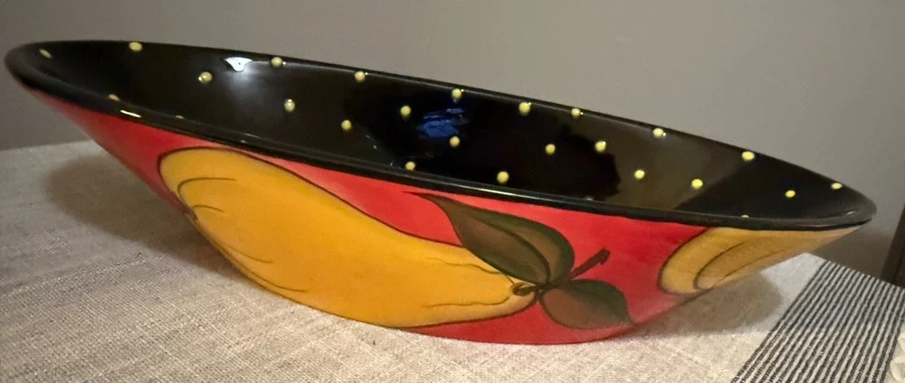 Hand-Painted Ceramic Fruit Bowl – Black w/ Yellow Polka Dots Pears Red– Signed